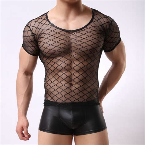 New Fashion Mens Sexy Plaid Tops Transparent Mesh T Shirts Male Exotic
