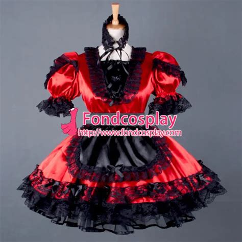 Sexy Sissy Maid Dress Lockable Red Satin French Uniform Dress Cosplay Costume Custom Made On