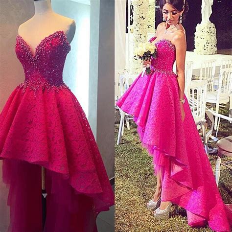 2016 Long Elegant Fuschia High Low Lace Prom Dresses Sweetheart Party Evening Dress Robe De
