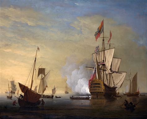 An English Ship With Sails Loosened Firing A Gun By