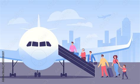 Line Of Cartoon Passengers Boarding Plane People Getting On Flight Business Trip Airport Flat