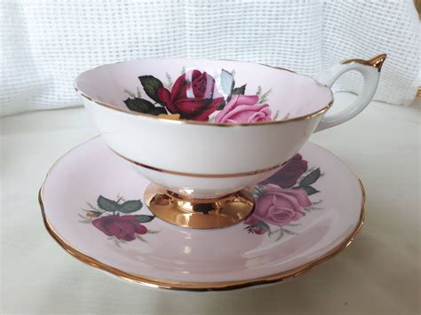 Vintage Pink Aynsley Tea Cup And Saucer With Roses Pattern Etsy