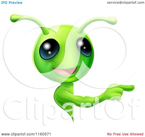 Cartoon Of A Cute Green Alien Looking Around A Sign And Pointing