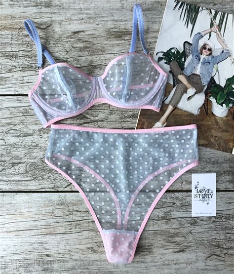 Polka Dot Mesh Lingerie Set Sheer Lingerie Thong Panties Sexy Etsy