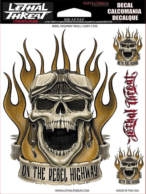 Lethal Threat Decals Rebel Highway Skull 6x8 4pk Stickers