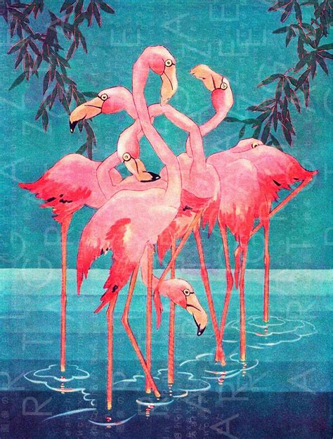 Flamingos Vintage Illustration Superb Art Deco Flamingos Print