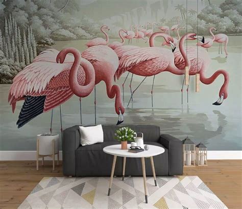 Flamingo Wallpaper Vintage Lake Wall Mural Landscape Wall Art Etsy