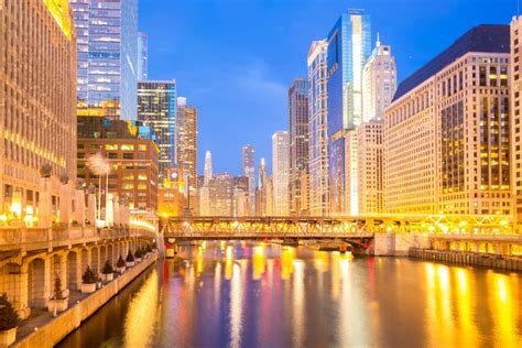 Chicago Downtown And River Dusk Stock Image Image Of Destinations