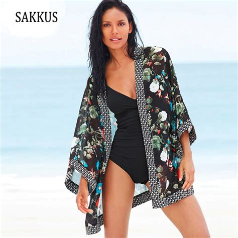 Sakkus 2018 New Chiffon Print Bikini Cover Ups Modern Beach Summer Cover Ups Flower Printing