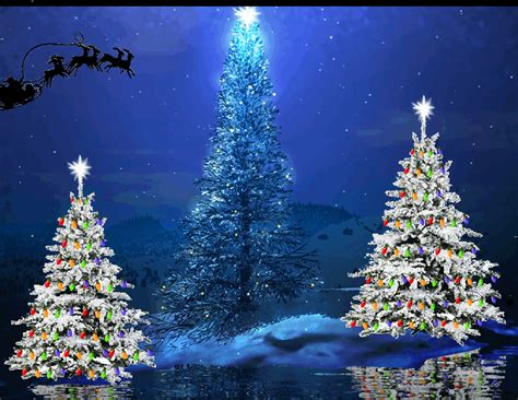 Santas Sleigh Flying Over Christmas Trees Blue Animated
