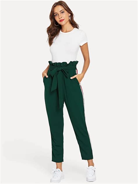 Ruffle Waist Striped Side Belted Pants Belted Pants Pants For Women
