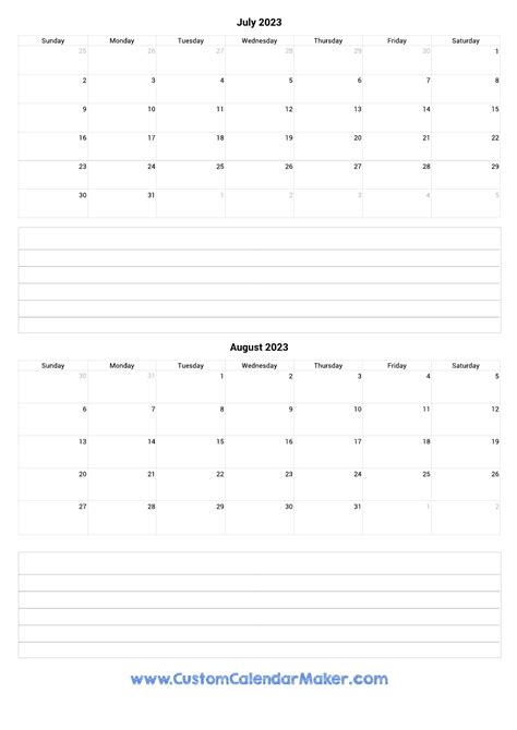 July To August 2023 Calendar Template With Notes