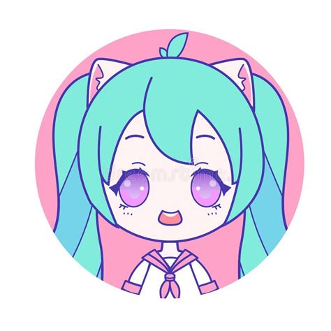 Chibi Portrait Of Cute Otaku Girl With Green Twintails And Cat Ears
