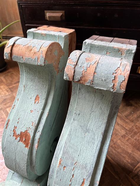 Pair Of Antique Wood Corbels Large Blue Painted Corbels Architectural