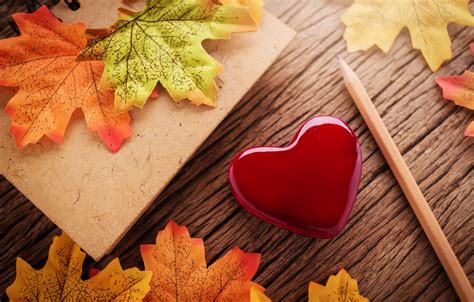 Wallpaper Autumn Leaves Love Heart Red Love Heart Wood Autumn