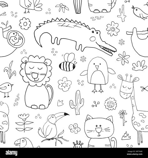 Cute Animals Seamless Pattern Cartoon Hand Drawn Animal Doodles Vector