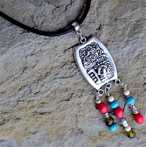 Boho Necklace Good Luck Mayan Necklace Turquoise And Leather Necklace