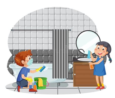 Kids Cleaning Bathroom Together Stock Vector Illustration Of Bathroom