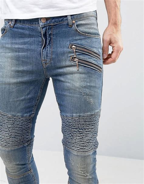 Lyst Asos Super Skinny Jeans With Double Zip And Biker Details In Mid