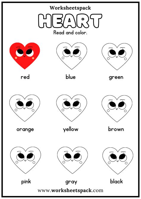 Free Heart Shape Activity Sheets Color Hearts By Word Printable And