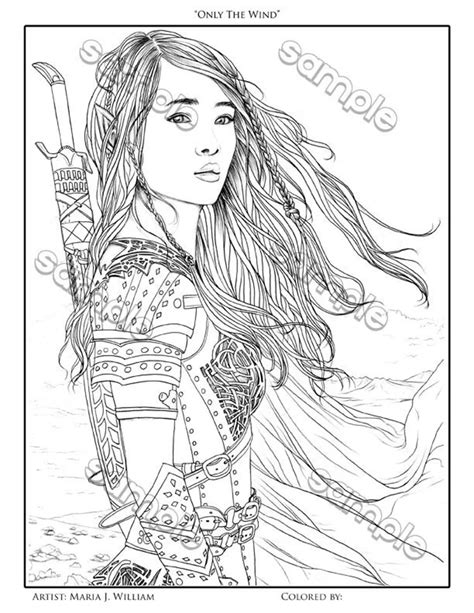 Elf Woman Warrior Fantasy Coloring Page By Maria J William Etsy Hand