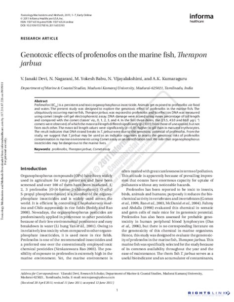 Pdf Genotoxic Effect Of Profenofos On Marine Fish Therapon Jarbua