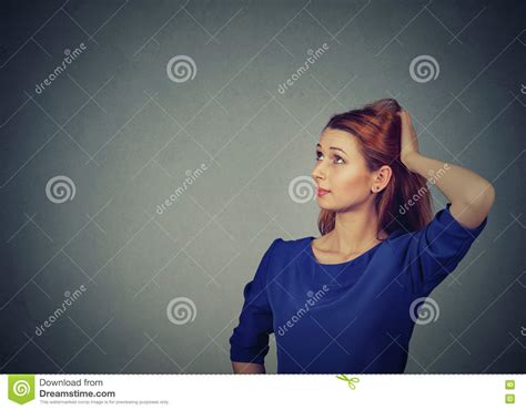 Contused Thinking Woman Bewildered Scratching Her Head Seeks Solution Young Woman Looking Up