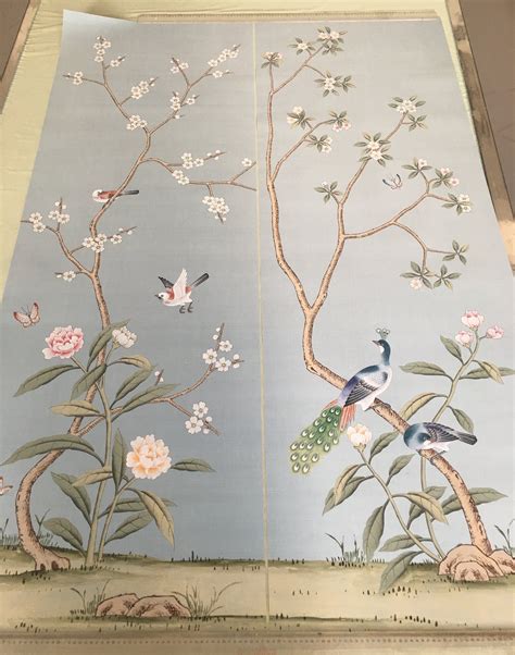 24 X 72 Chinoiserie Handpainted Artwork On Blue Etsy Hand Painted