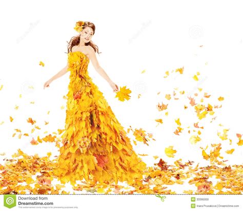Fashion Autumn Woman Fall Leaves Dress Beauty Girl Model Gown Stock