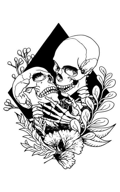 Two Skulls With Flowers And Leaves In Their Hands One Is Holding The