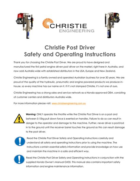 Christie Post Driver Safety And Operating Instructions