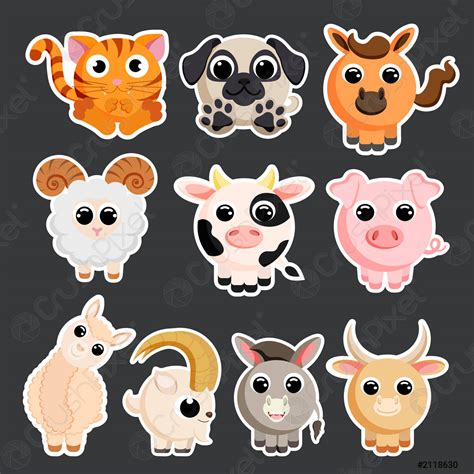 Cute Domestic Animals Set Sticker Template Vector Stock Vector