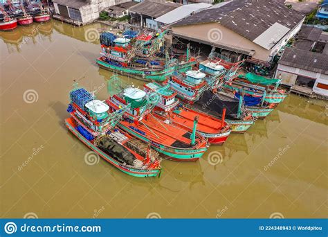 Aerial View Of Rayong River And Fishing Boats In Rayong Thailand Stock