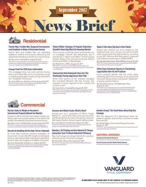 Vanguard title provides clients with the tools & resources to better navigate the title insurance process. The September News Brief Has Arrived! - Vanguard Title Company