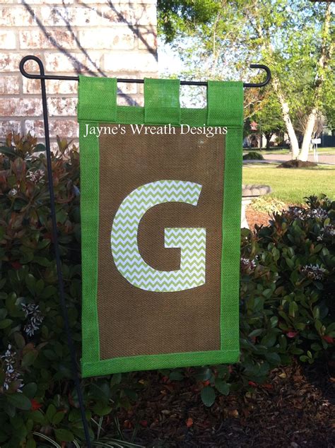 Garden Flag In Natural And Green Burlap With Chevron Print Letter