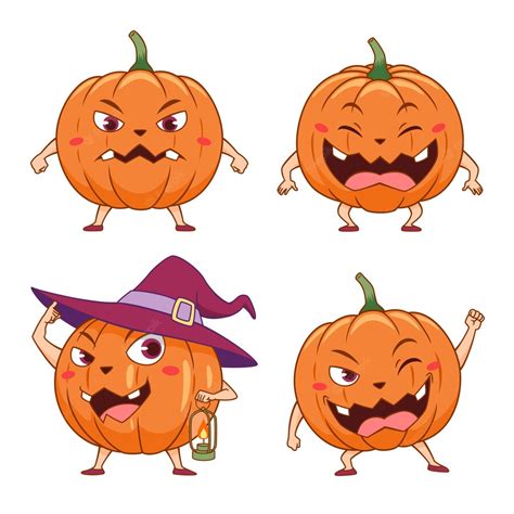Premium Vector Set Of Cartoon Pumpkins In Different Poses For Halloween