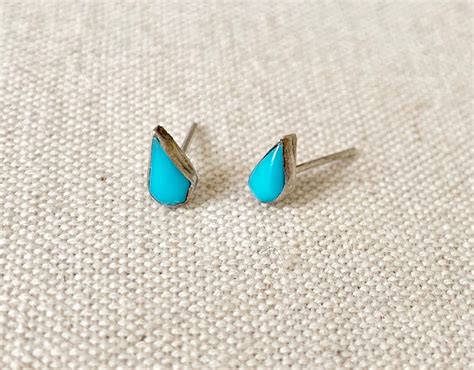 Tiny Turquoise Teardrop Earrings Vintage Native American Handmade