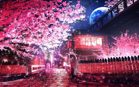 Wallpaper Polychromatic Petals Sakura Blossom Scenery Anime