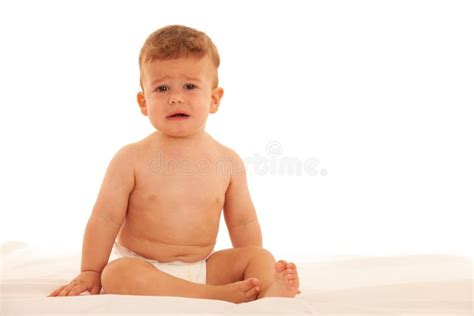 Sad Baby Boy In Crying On Bed Isolated Over White Stock Image Image