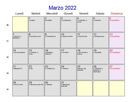 Calendario Marzo 2022 Con Festività E Fasi Lunari Quaresima All In