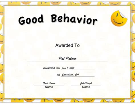 Yellow Good Behavior Certificate Printable Certificate
