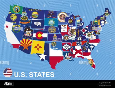 Us Map With Flags Of States On Blue Background Stock Vector Image