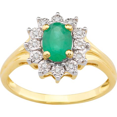 10k Yellow Gold Oval Emerald Ring With Diamond Accents Size 7