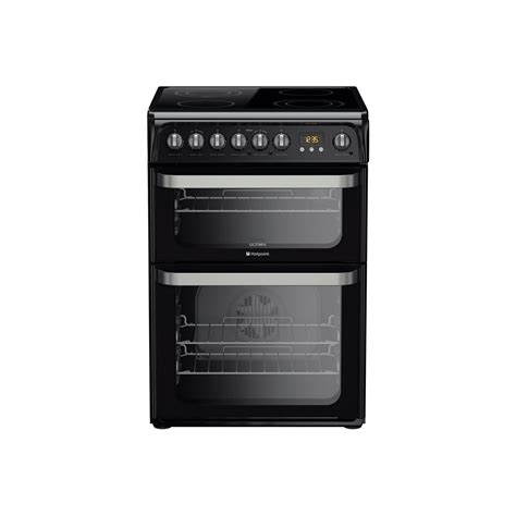 hotpoint ultima 60cm double oven electric cooker with ceramic hob black hue61k appliances direct