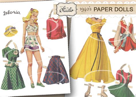 Toys And Games Adorable Pair Of Antique Paper Dolls With Beautiful 1940s