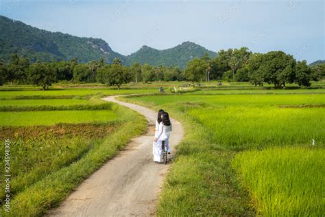 Rural Landscape In Vietnam Countryside With Vietnamese Women Wearing