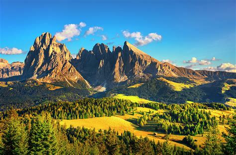 Alpe Di Siusi Or Seiser Alm And Sassolungo Mountain Dolomites A