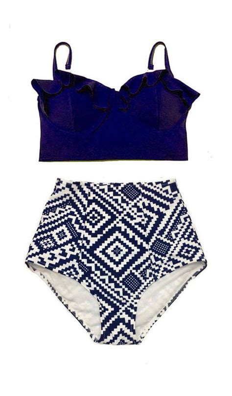 Navy Blue Underwire Midkini Top And Graphic High Waisted Waist Rise