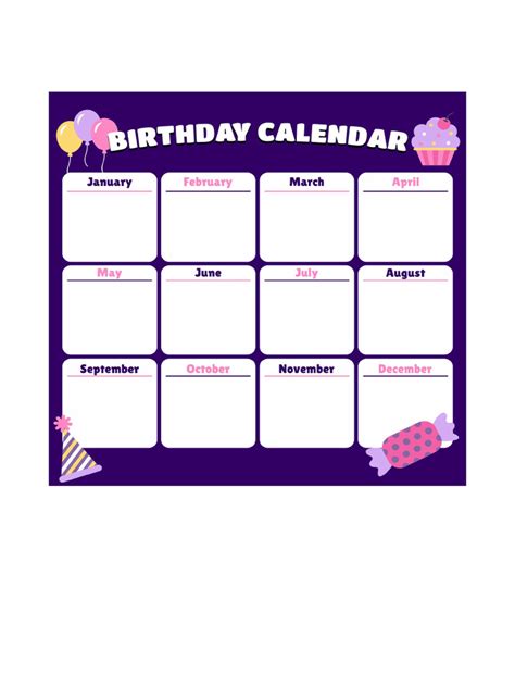 Birthday Calendar Template 96065 Pdf