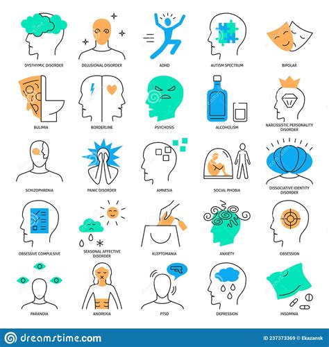 Mental Disorders Icon Set In Line Style Stock Illustration